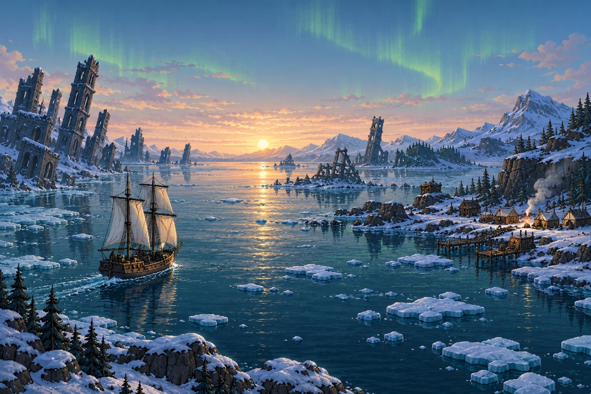 A sailing ship approaches an icy harbour beneath the aurora, with ruined towers along the coast