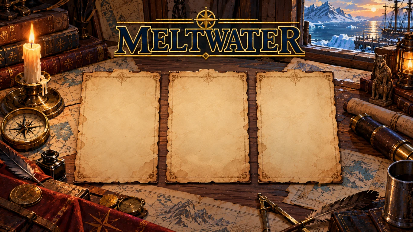 The game's Legend selection desk, with three empty parchment cards, charts, books and a compass