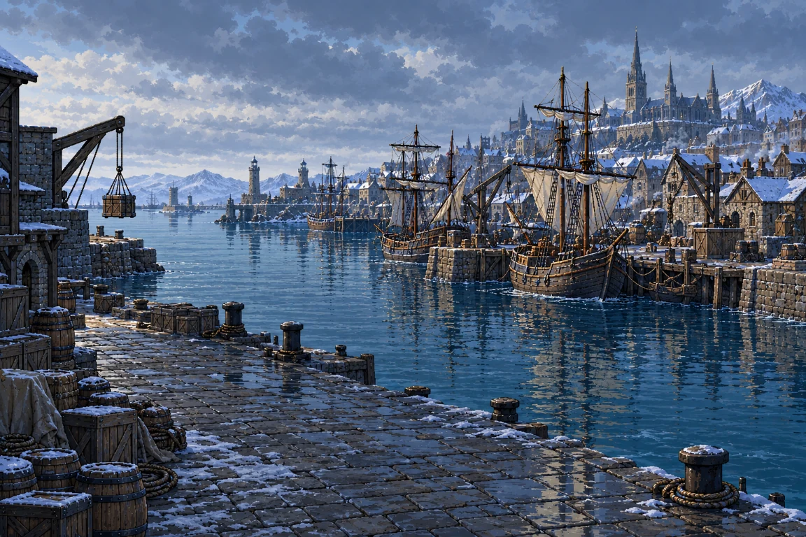 Sailing ships docked beside a northern city's warehouses and quays