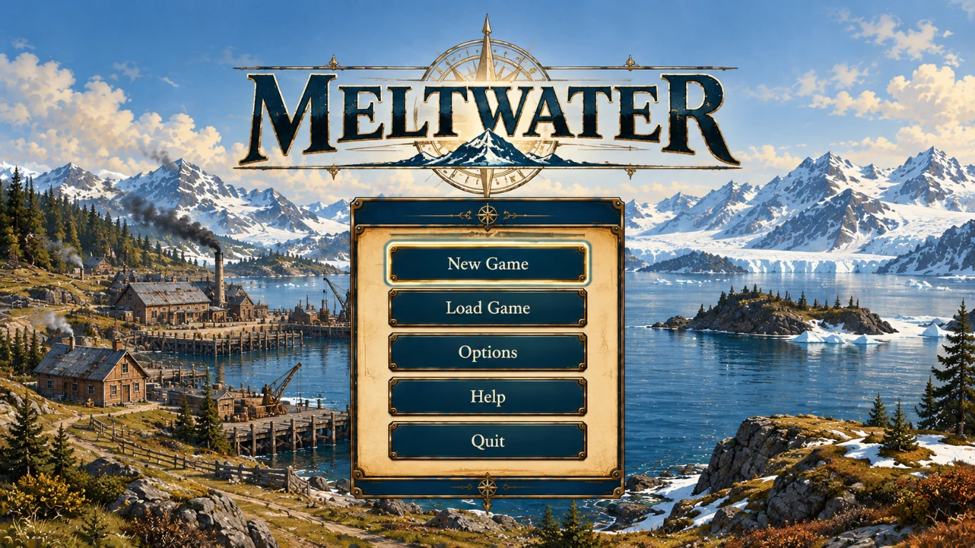 Deferred title-screen concept showing Meltwater's parchment controls and a northern harbour
